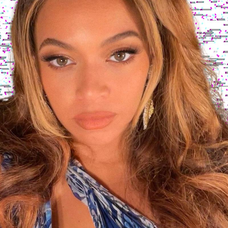 Closeup of Beyonce in front of a pixelated screen